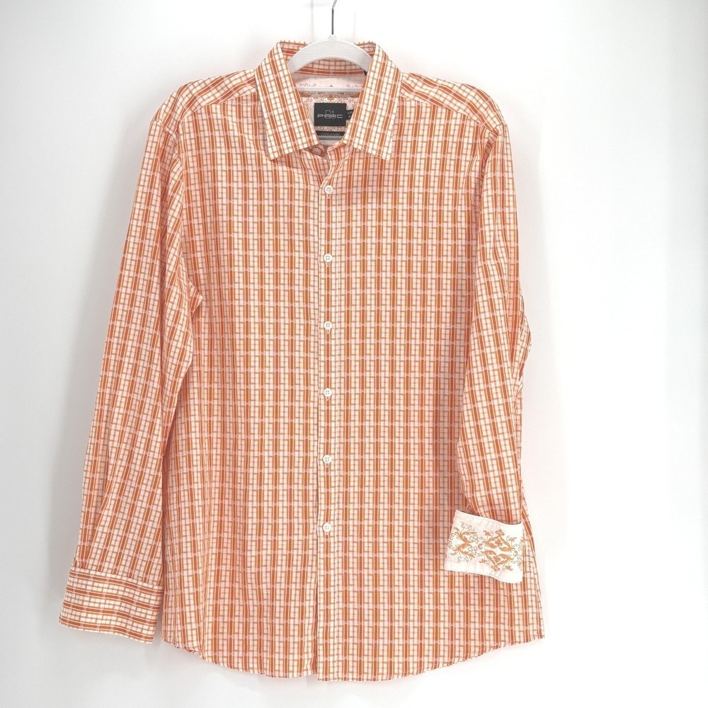 PARC 81 Flip Cuff Embroidered Shirt Large 16.5 Orange Plaid European Fabric